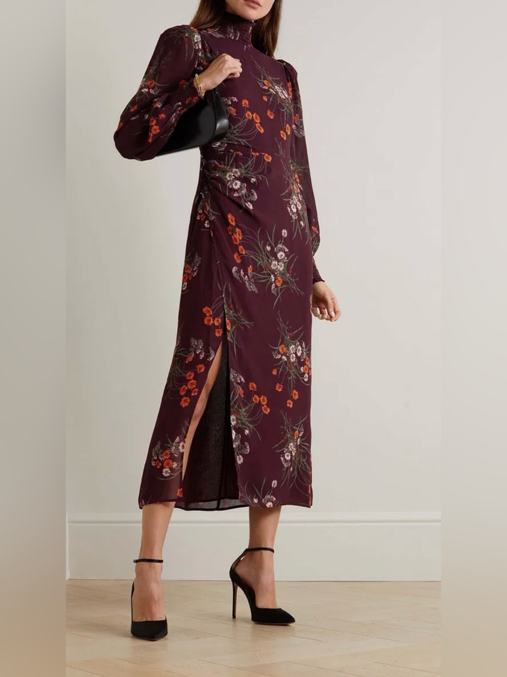 Reformation Burgundy Floral Long-Sleeve Midi Dress